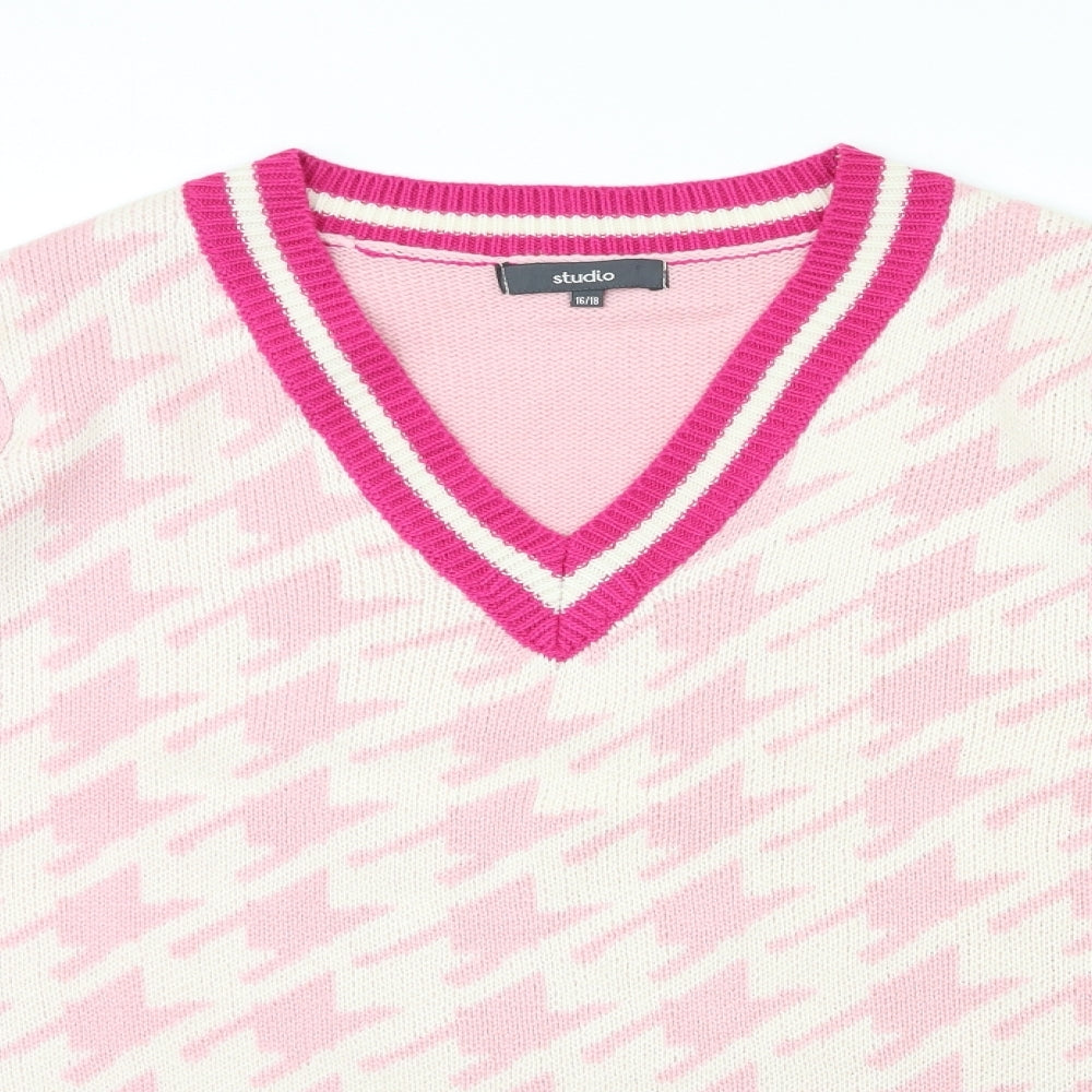 Studio 1 Womens Pink Houndstooth Knit Pullover Jumper Size 16