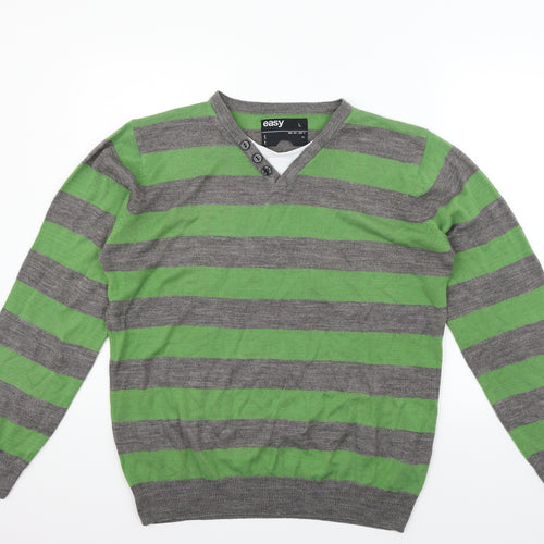 Easy Mens Green Striped  Henley Jumper Size L