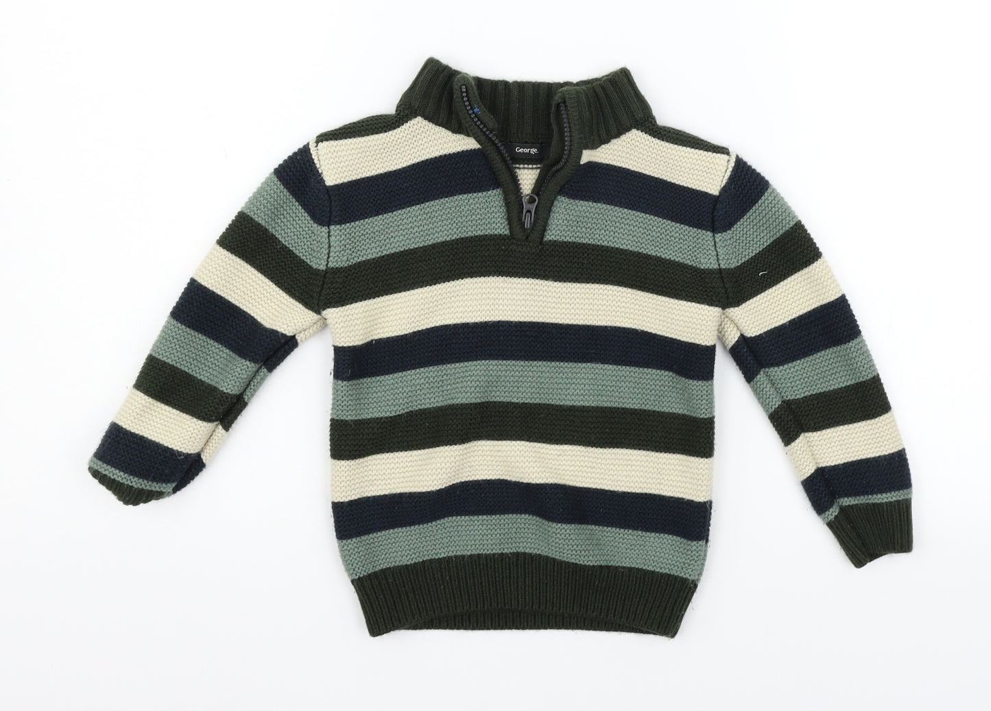 George Boys Green Striped  Pullover Jumper Size 4-5 Years