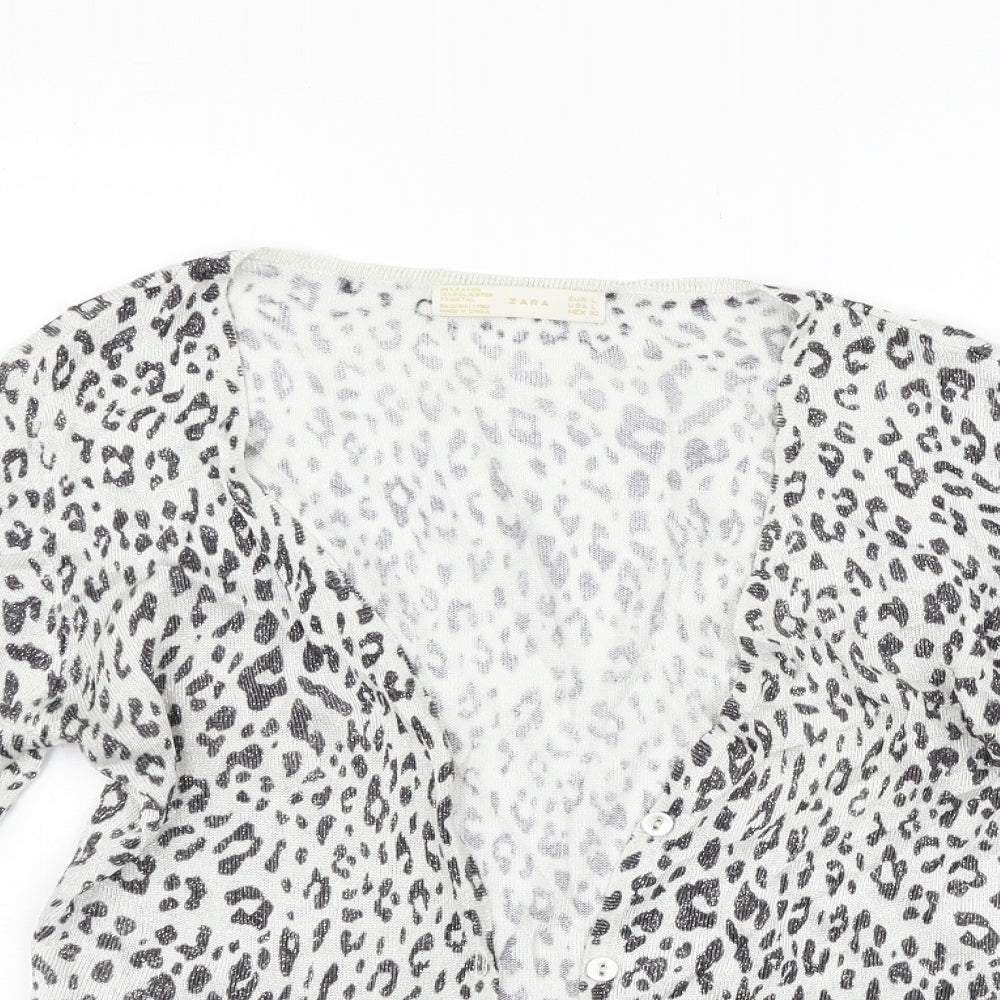 Zara Womens White Animal Print  Cardigan Jumper Size L