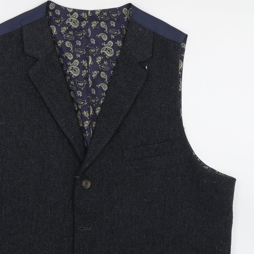 Harvey & jones Mens Blue Herringbone  Jacket Suit Waistcoat Size 46