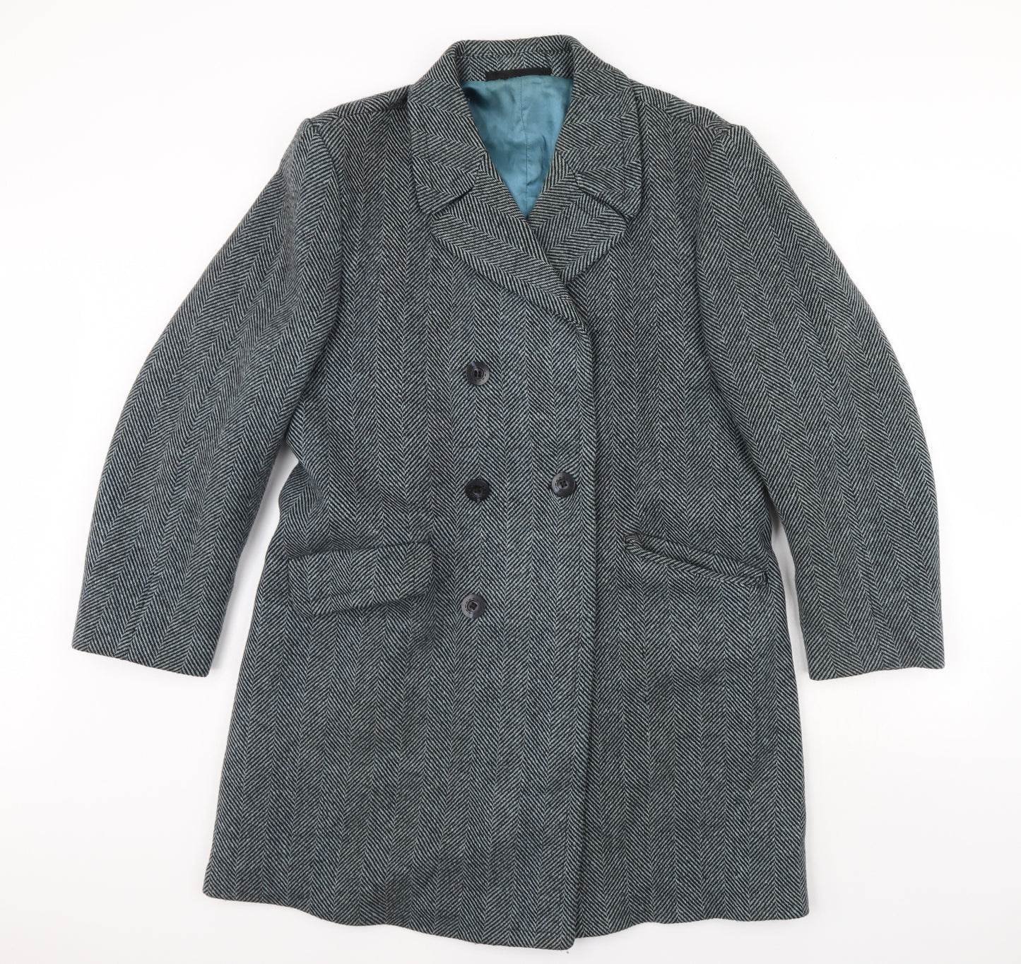 Preworn Mens Black Herringbone  Overcoat Coat Size 38  - Shoulder Pads