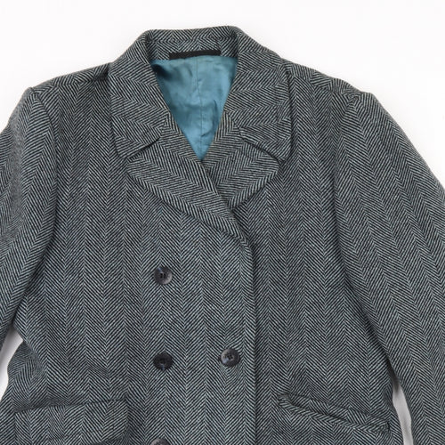 Preworn Mens Black Herringbone  Overcoat Coat Size 38  - Shoulder Pads