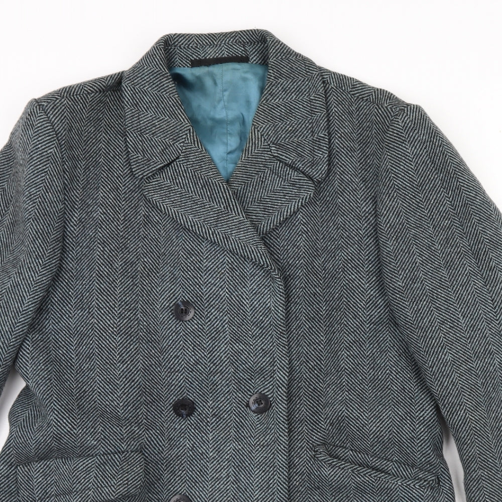 Preworn Mens Black Herringbone  Overcoat Coat Size 38  - Shoulder Pads