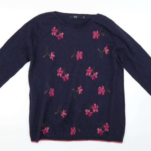 Isle Womens Blue Floral  Pullover Jumper Size M