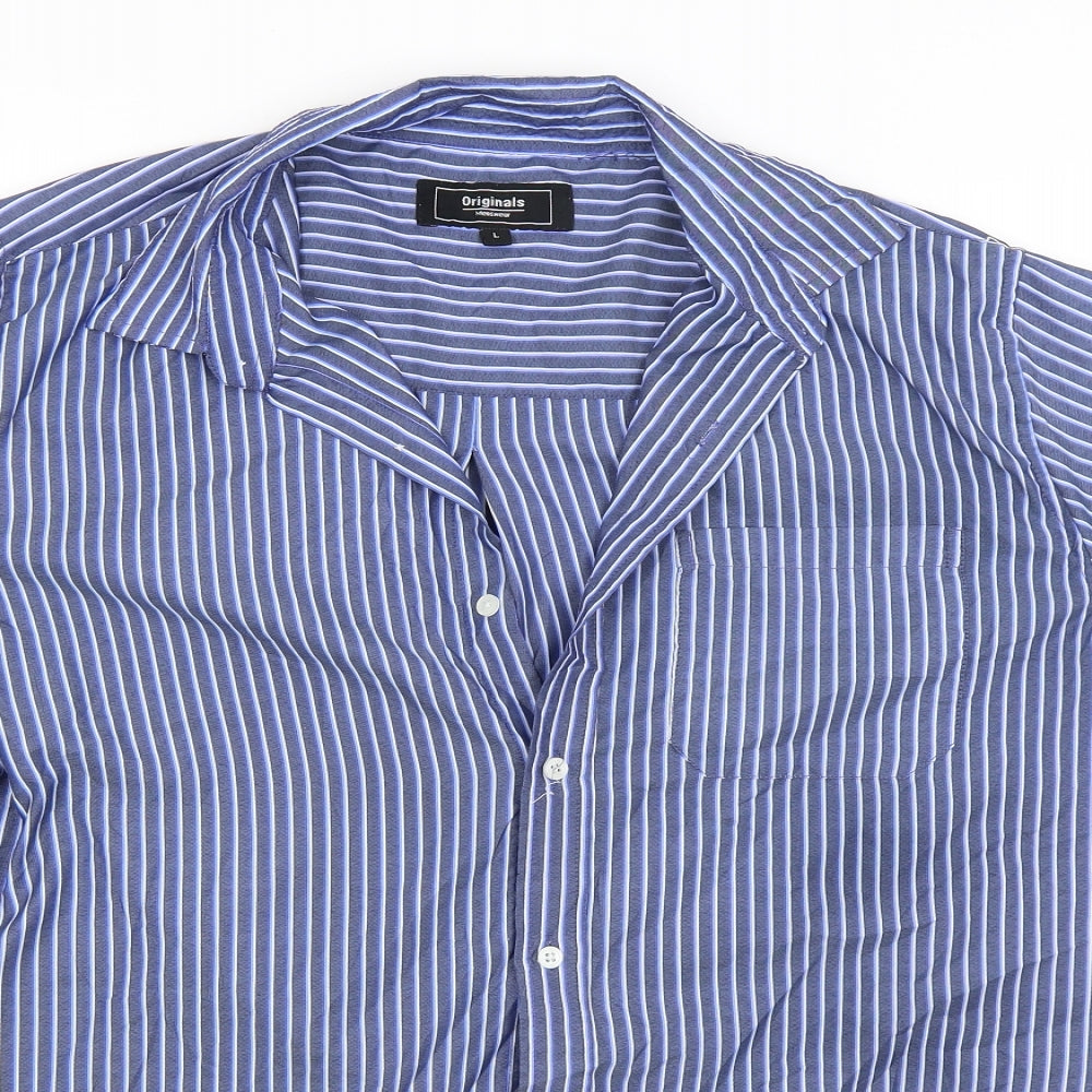 Originals Womens Blue Striped  Basic Button-Up Size L
