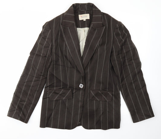 Front view of NEXT women’s brown striped jacket, size UK 14
