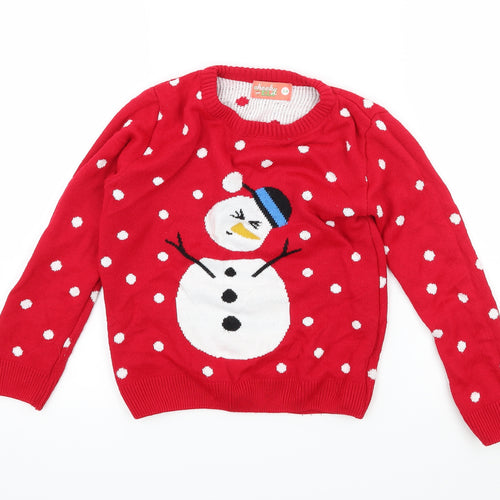 Cheeky Elf Girls Red  Knit Pullover Jumper Size 3-4 Years  - Snowman