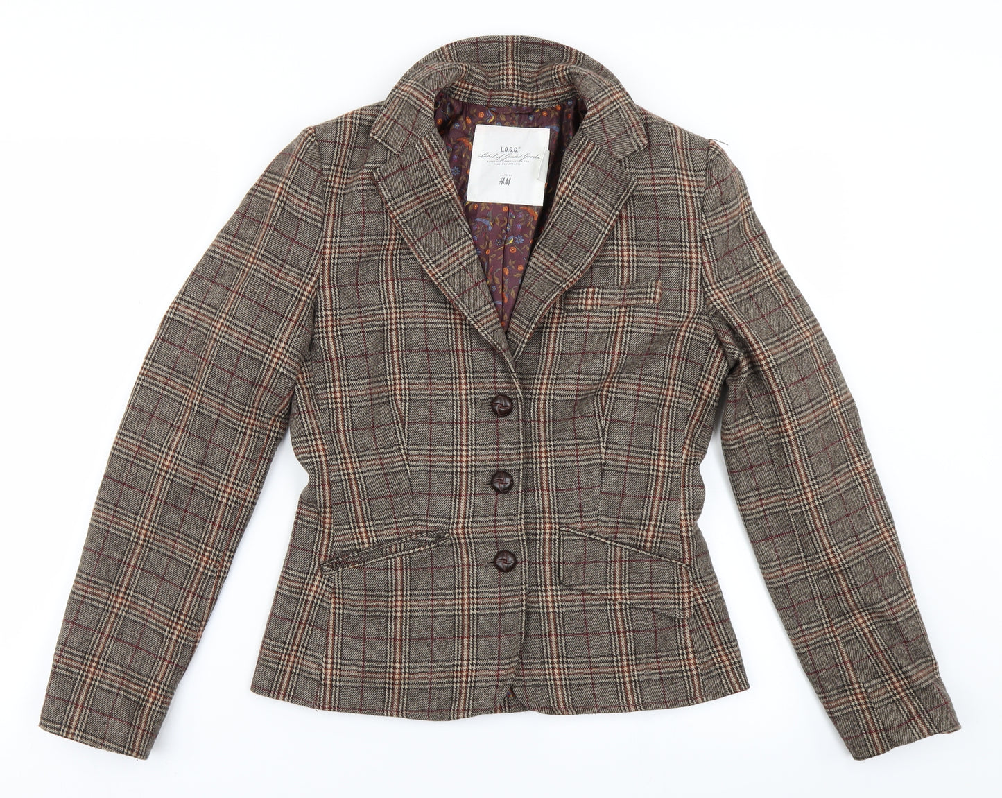 L.O.G.G Womens Brown Plaid  Jacket Blazer Size 8