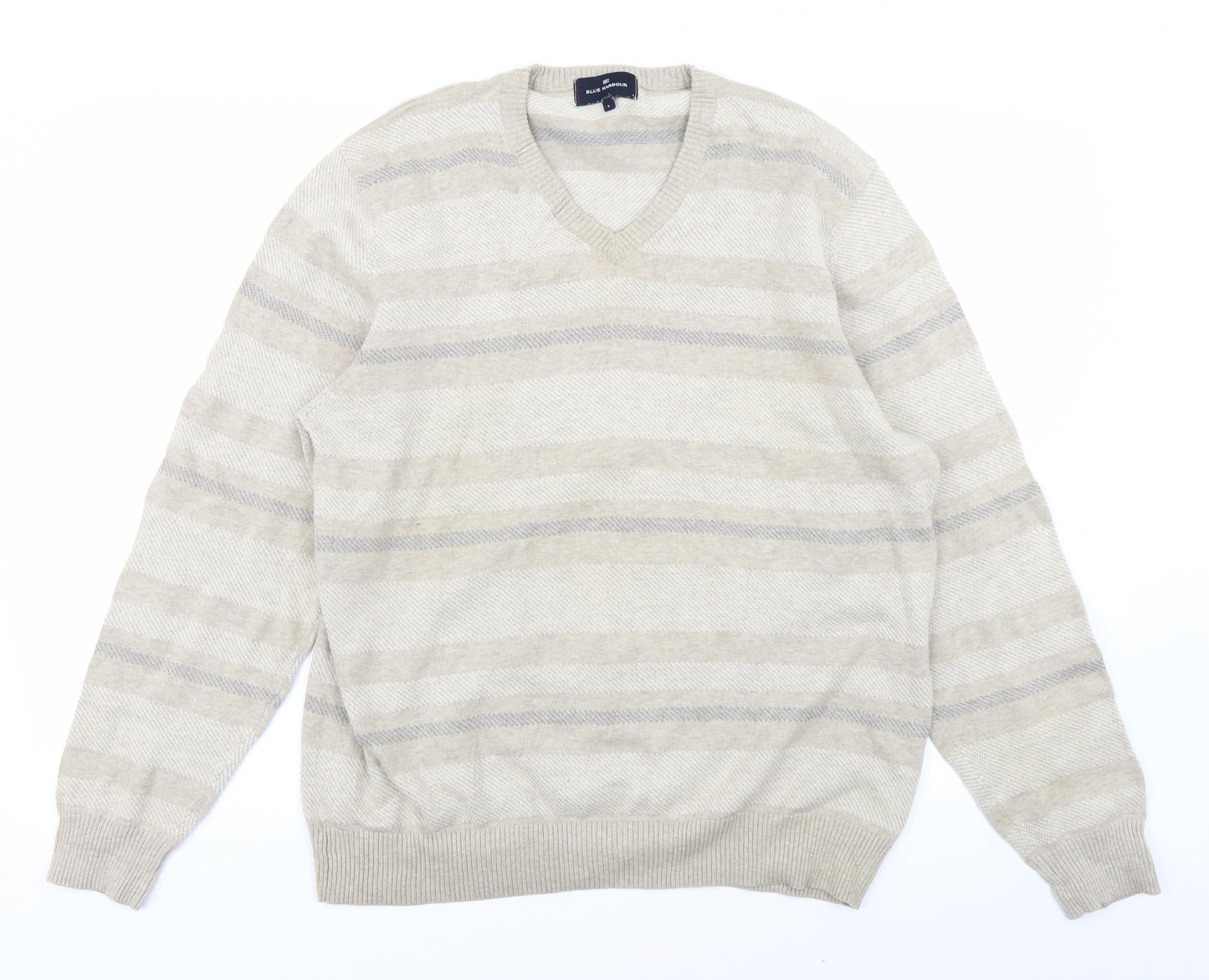 Blue Harbour Mens Beige Striped Knit Pullover Jumper Size L