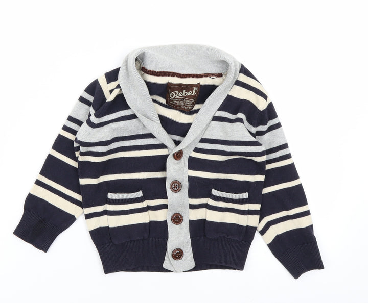 Rebel Boys Blue Striped Knit Cardigan Jumper Size 24 Months