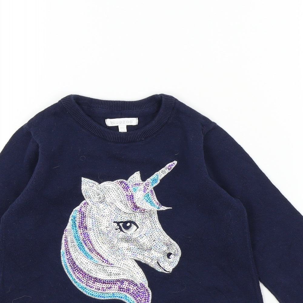 bluezoo Girls Blue Chevron  Pullover Jumper Size 4-5 Years  - UNICORN