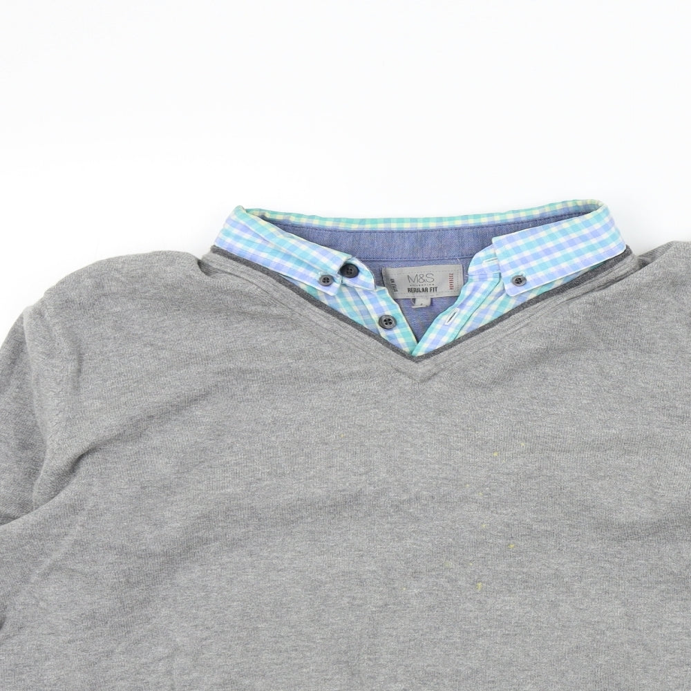 M&S Mens Grey   Pullover Jumper Size L  - shirt collar insert