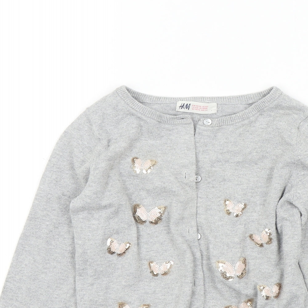H&M Girls Grey   Cardigan Jumper Size 4 Years  - butterfly