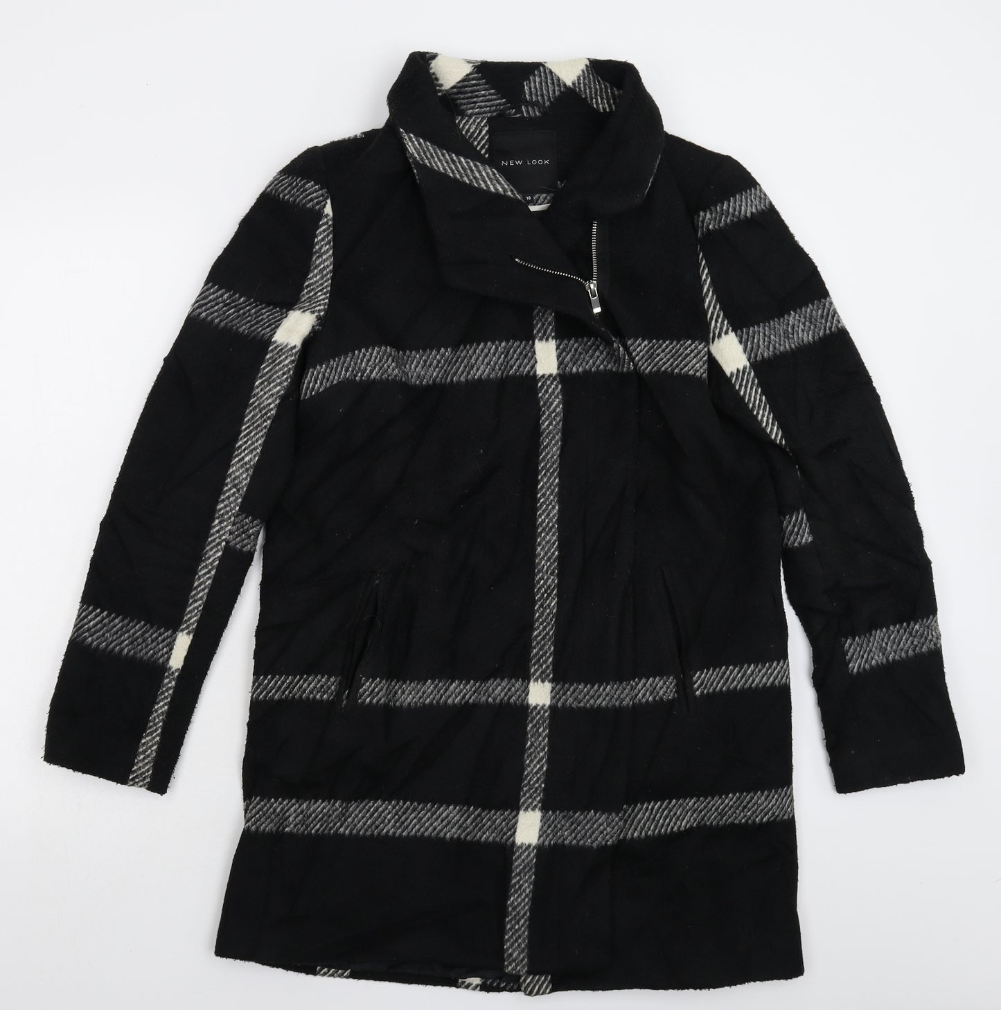 New Look Womens Black Check Fleece Jacket Coat Size 10