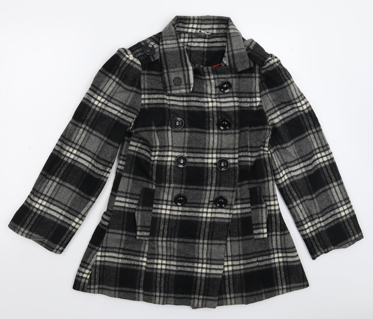 Kylie Girls Grey Check  Pea Coat Coat Size 13 Years