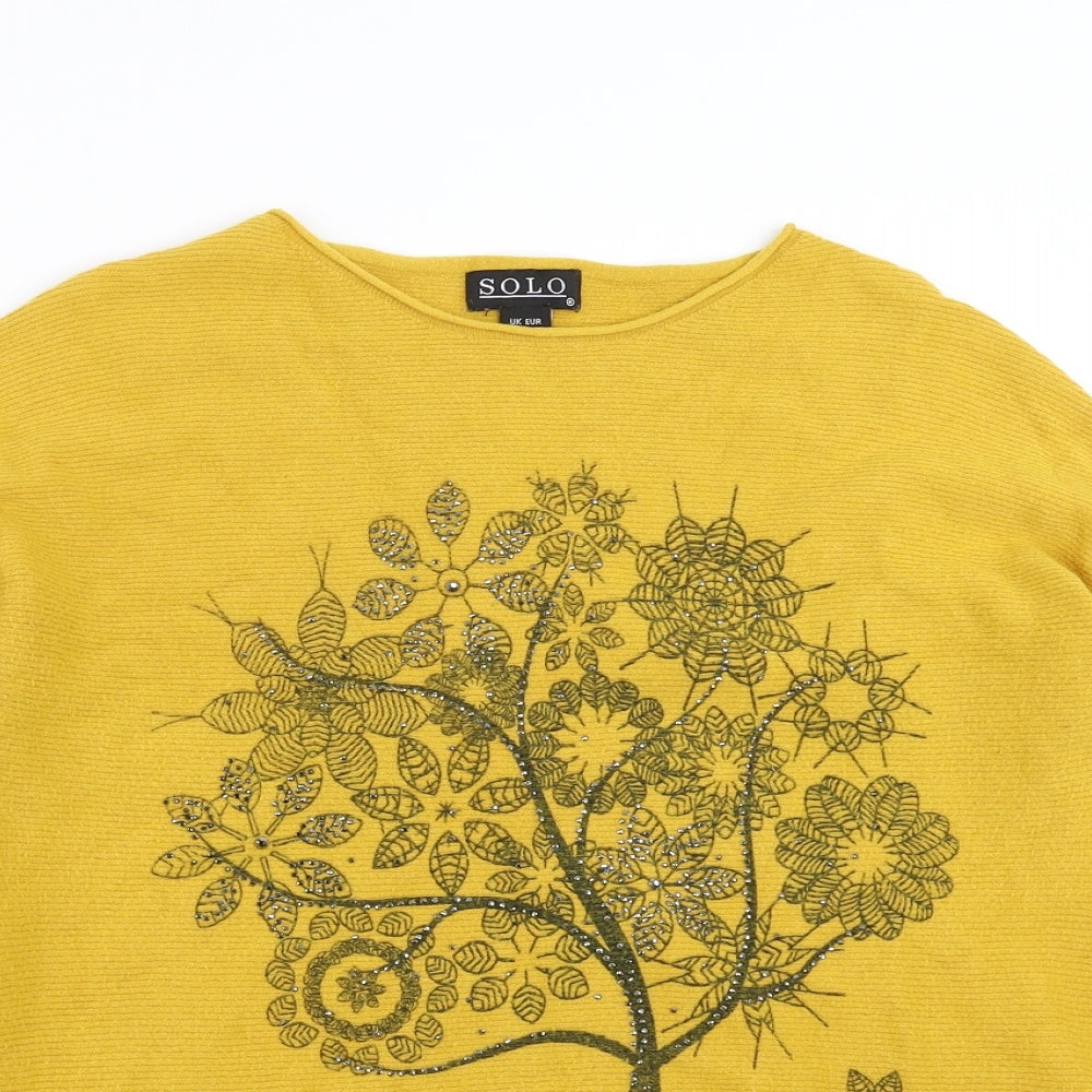 Solo Womens Yellow Floral  Pullover Jumper Size M  - Rhinestone detail