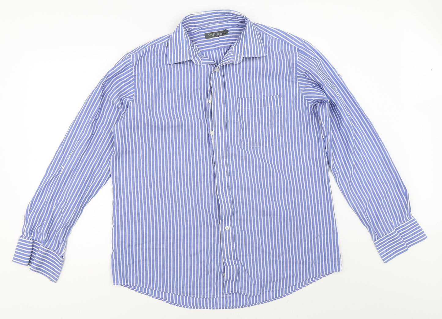 Marks and Spencer Mens Blue Striped   Button-Up Size 16.5