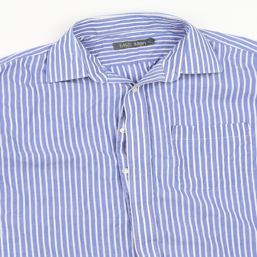 Marks and Spencer Mens Blue Striped   Button-Up Size 16.5