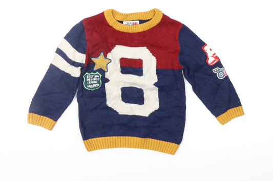 Front view of Next boys’ blue colourblock jumper, size 12-18, months