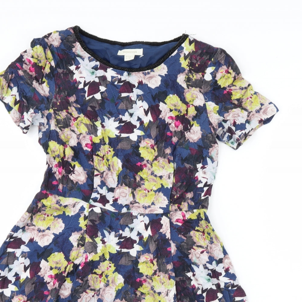 Monsoon Womens Blue Floral Rayon Fit & Flare  Size 10