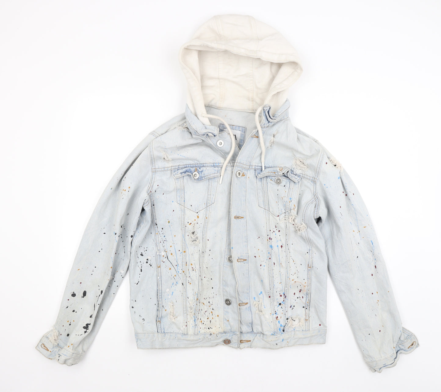 Zara Mens Blue  Denim Jacket Coat Size L  - Custom Paint Splats