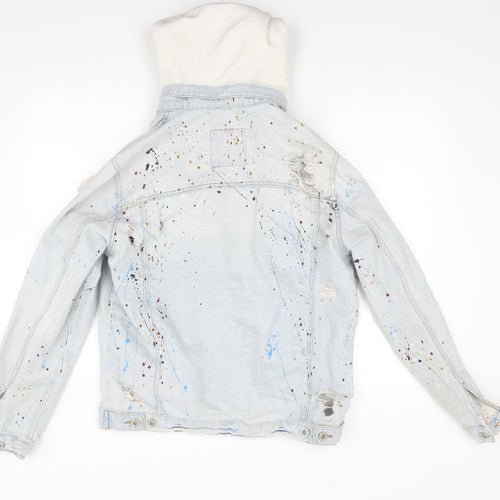 Zara Mens Blue  Denim Jacket Coat Size L  - Custom Paint Splats