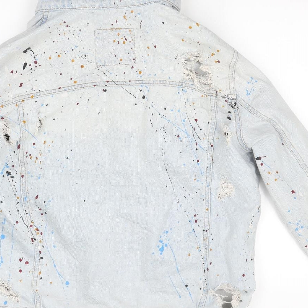 Zara Mens Blue  Denim Jacket Coat Size L  - Custom Paint Splats