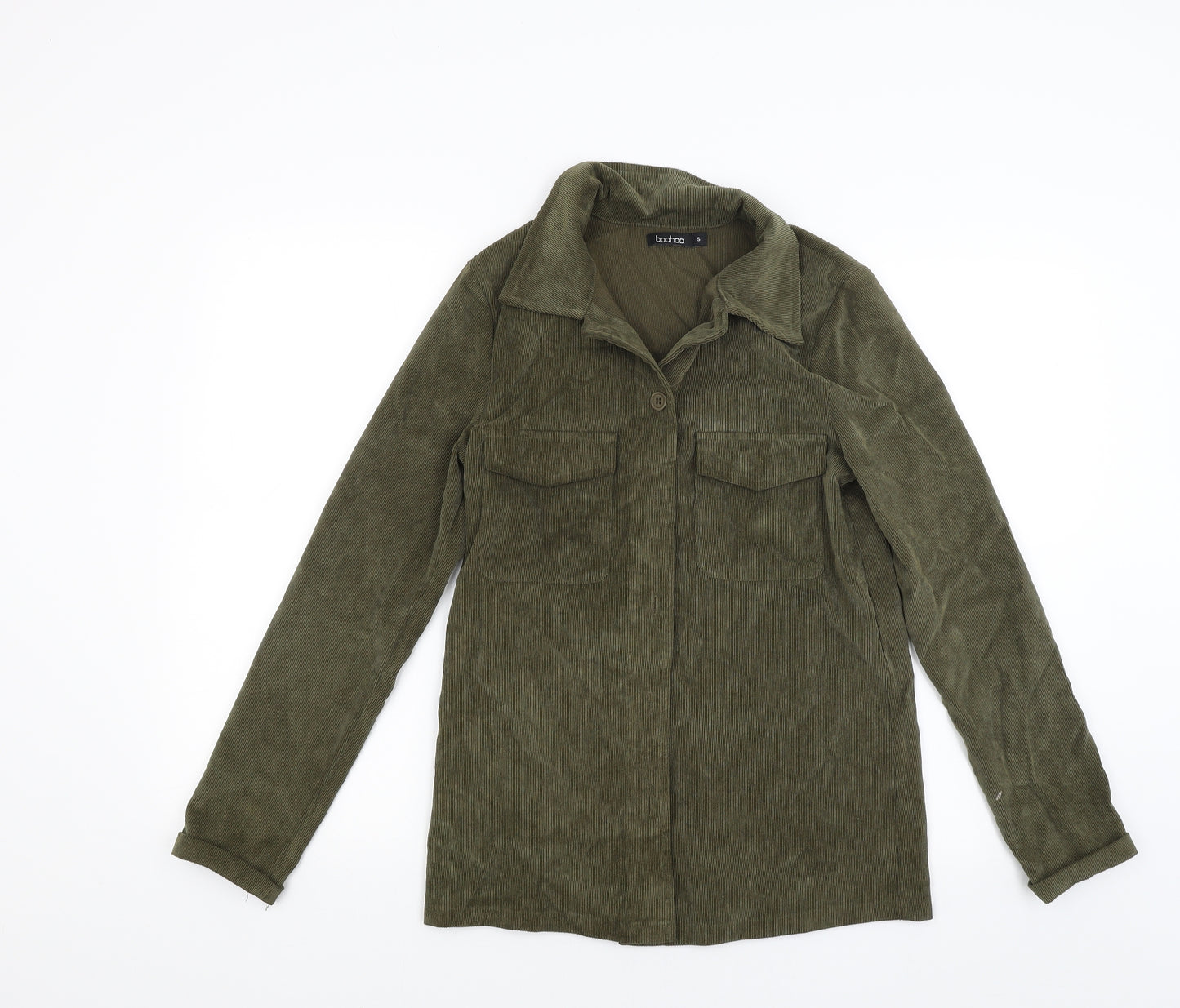 Boohoo Womens Green  Corduroy Basic Button-Up Size S