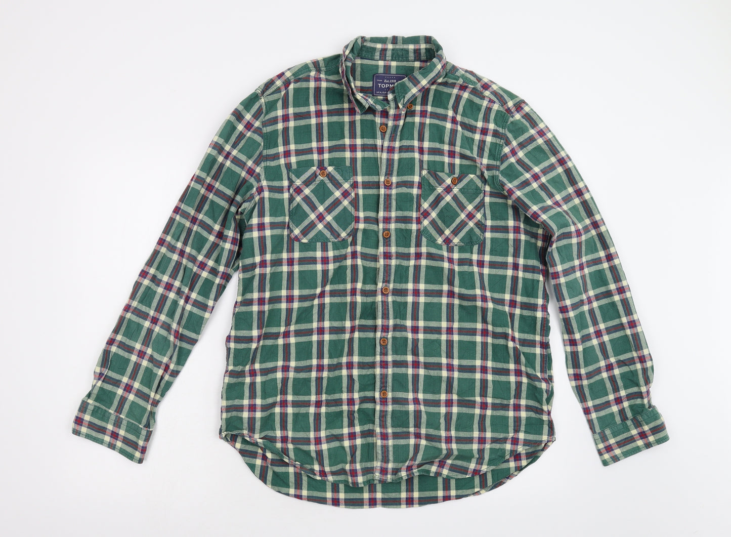 Topman Mens Green Check Flannel  Button-Up Size XL