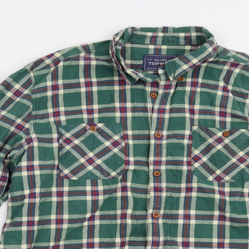 Topman Mens Green Check Flannel  Button-Up Size XL