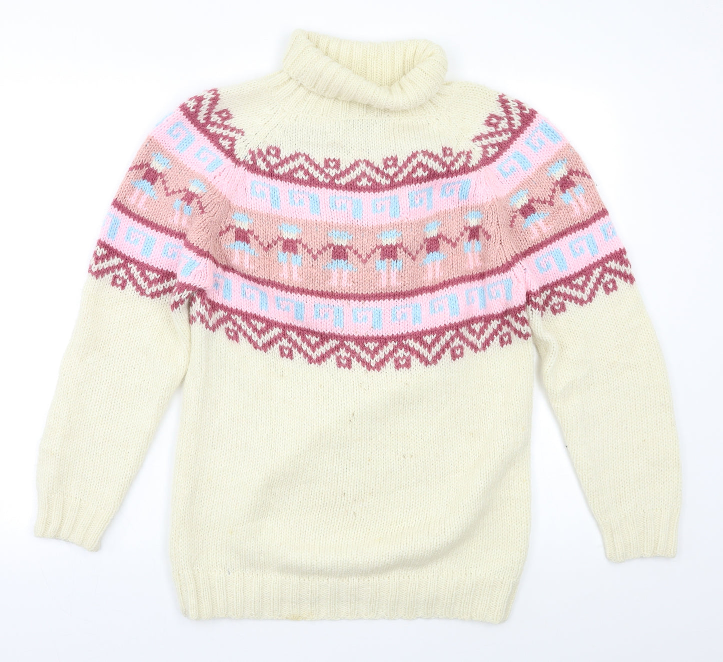 Alpaca Womens White Fair Isle  Pullover Jumper Size S