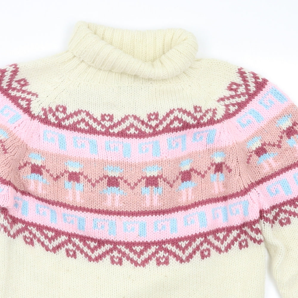 Alpaca Womens White Fair Isle  Pullover Jumper Size S