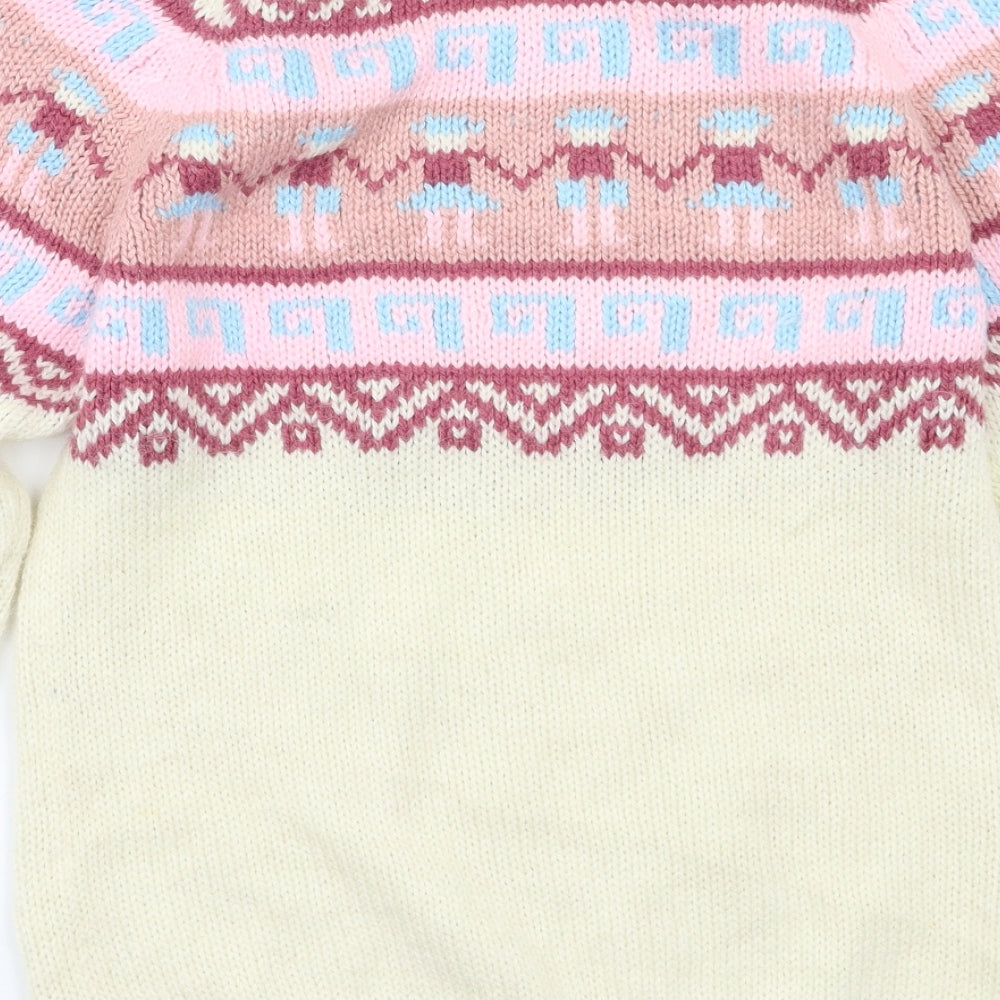 Alpaca Womens White Fair Isle  Pullover Jumper Size S