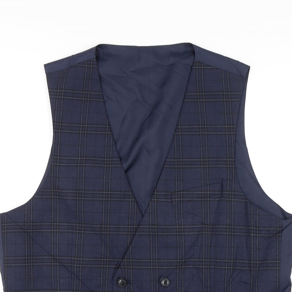 M&S Mens Blue Plaid  Jacket Suit Waistcoat Size L