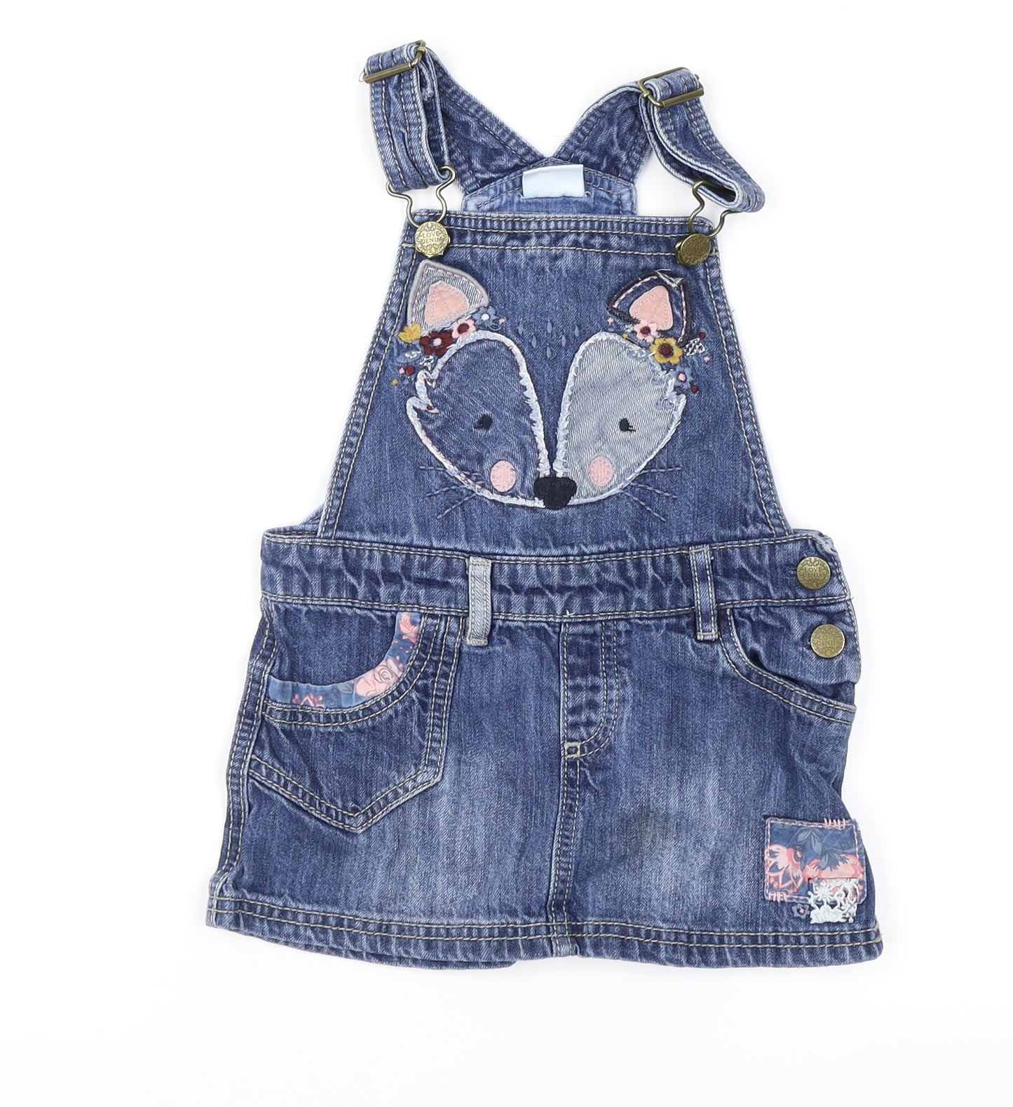 F&F Girls Blue Geometric Denim Pinafore/Dungaree Dress  Size 2-3 Years