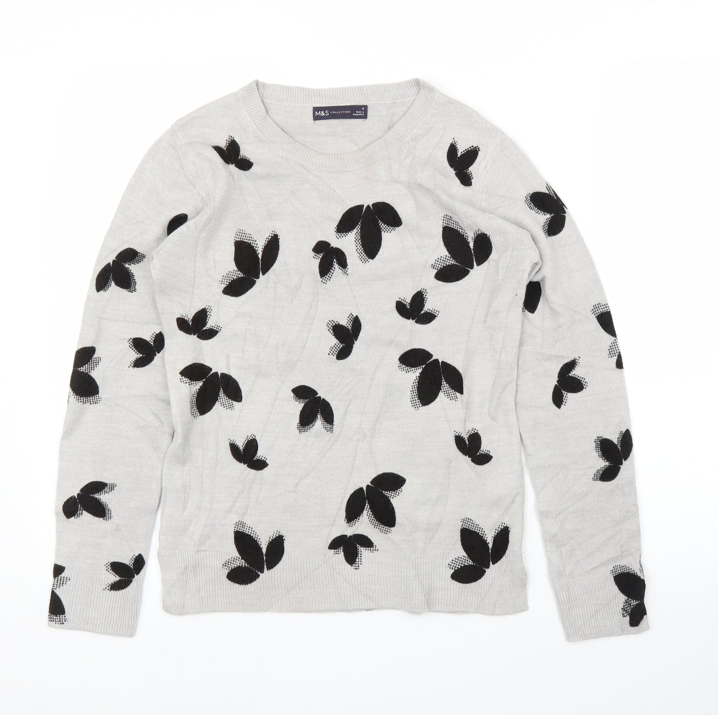 M&S Womens Grey Floral  Pullover Jumper Size 6
