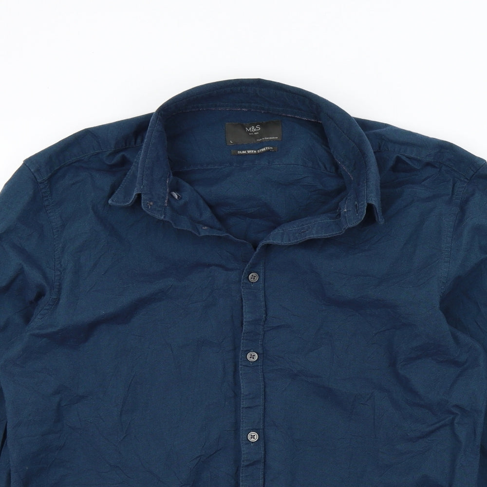 M&S Mens Blue Colourblock   Button-Up Size L