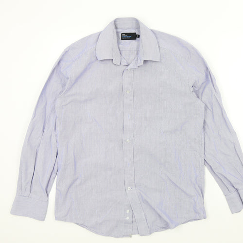 M&S Mens Blue Striped   Button-Up Size 15