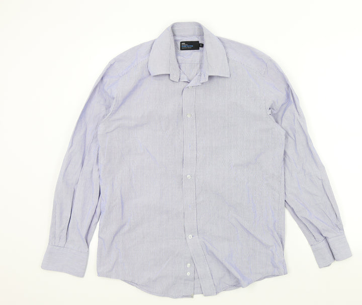 M&S Mens Blue Striped   Button-Up Size 15