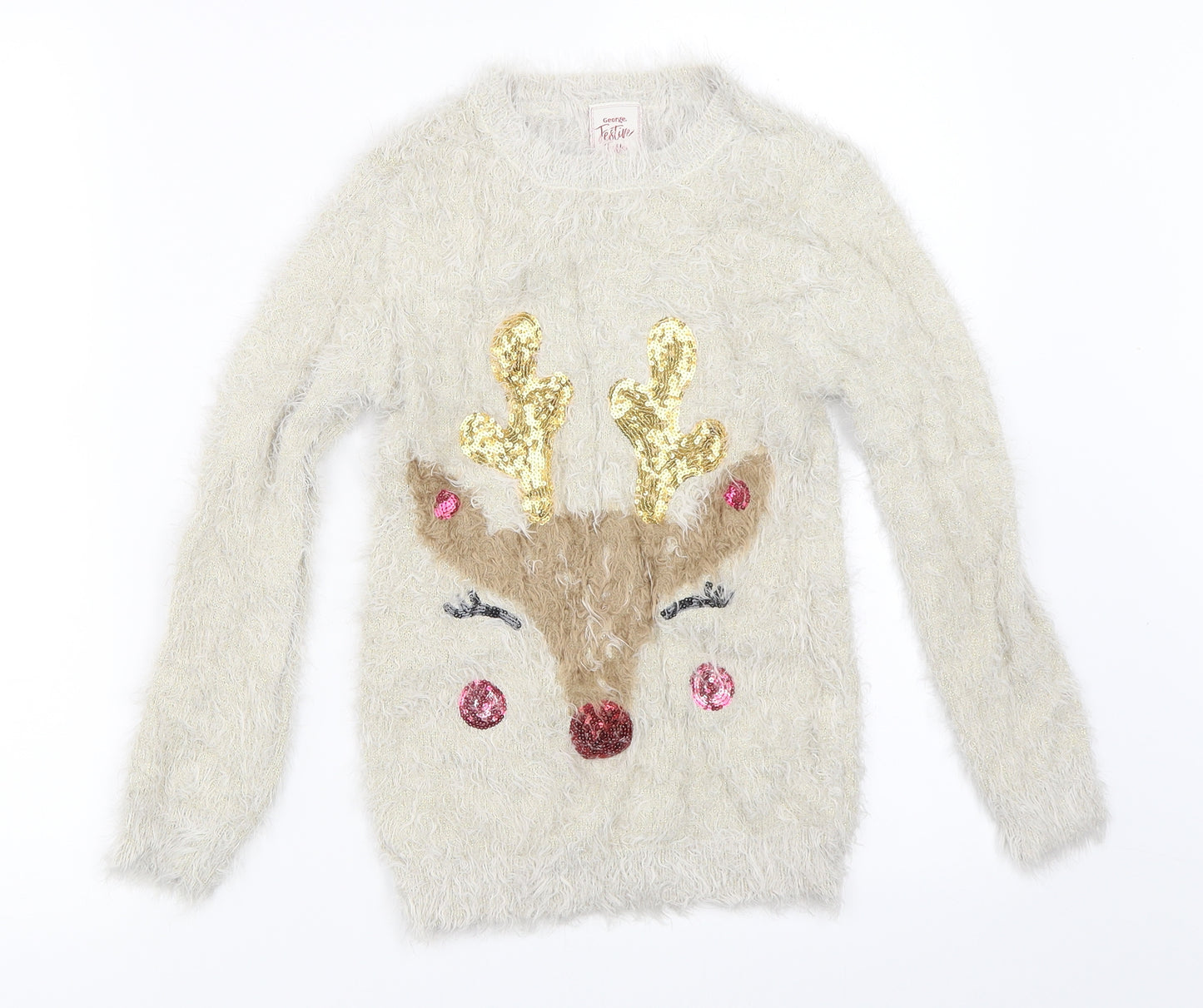 George Girls Beige   Pullover Jumper Size 7-8 Years  - Christmas reindeer