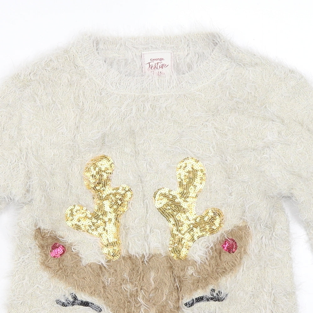 George Girls Beige   Pullover Jumper Size 7-8 Years  - Christmas reindeer