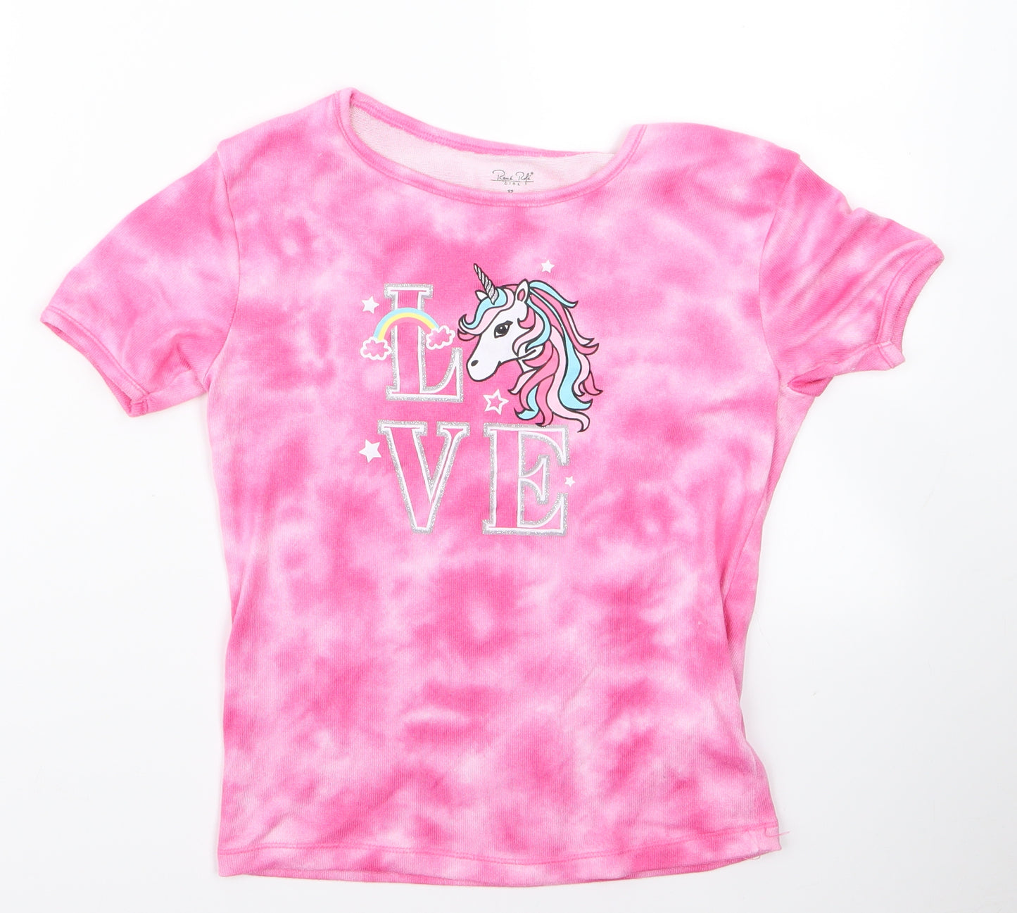 Preworn Girls Pink   Basic T-Shirt Size 12 Years  - unicorn