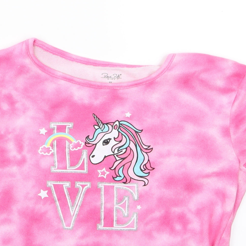 Preworn Girls Pink   Basic T-Shirt Size 12 Years  - unicorn