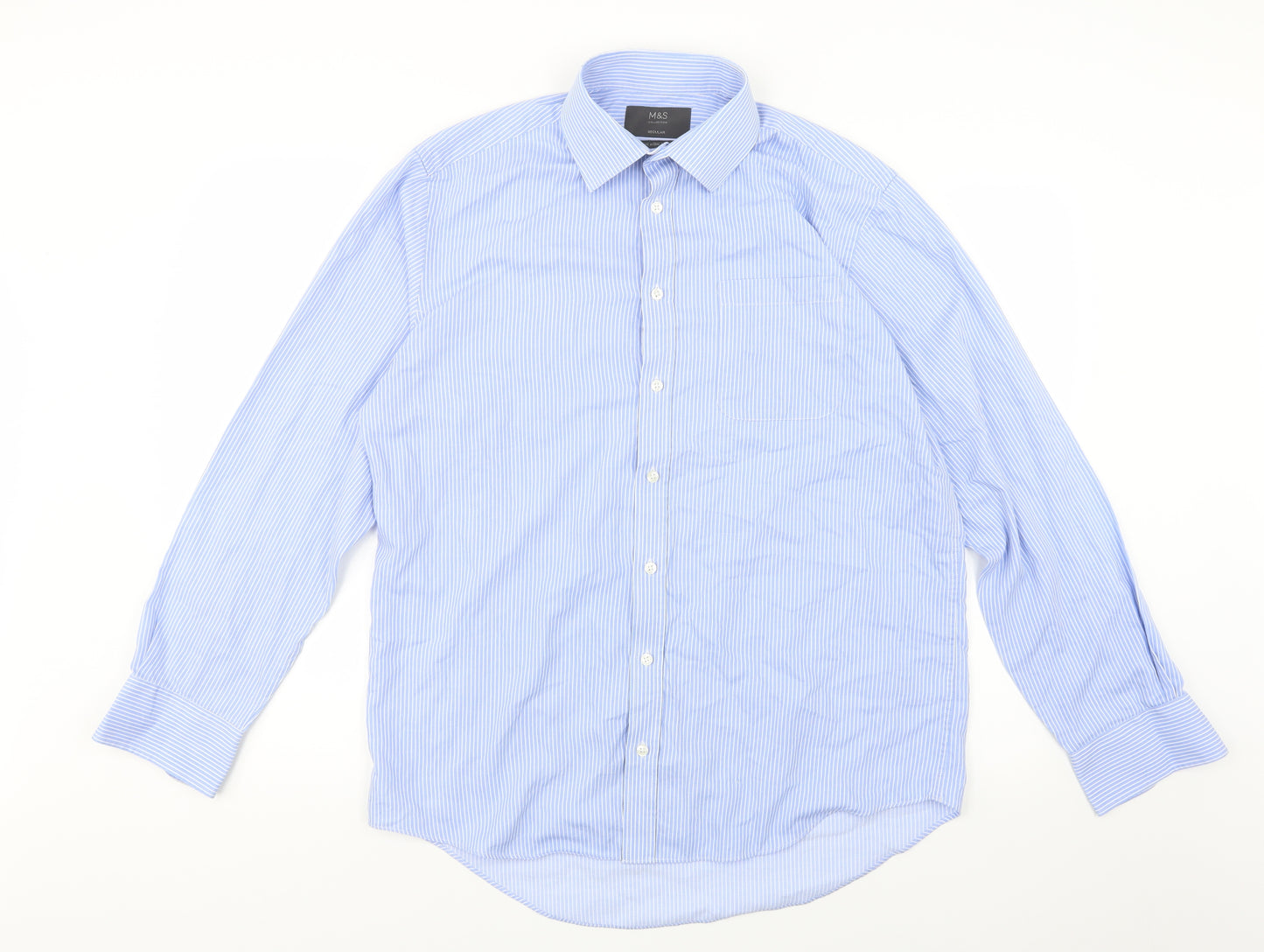 M&S Mens Blue Striped   Button-Up Size 16