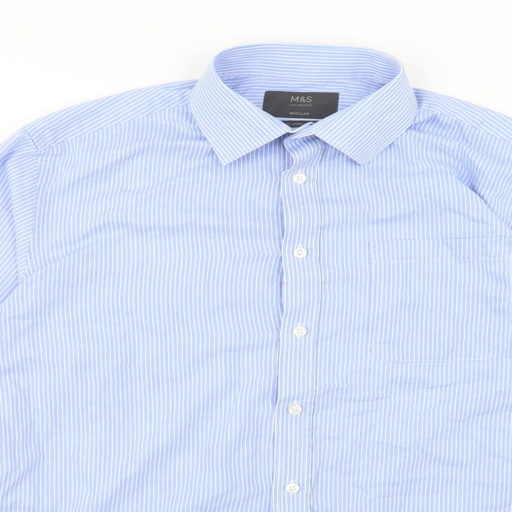 M&S Mens Blue Striped   Button-Up Size 16