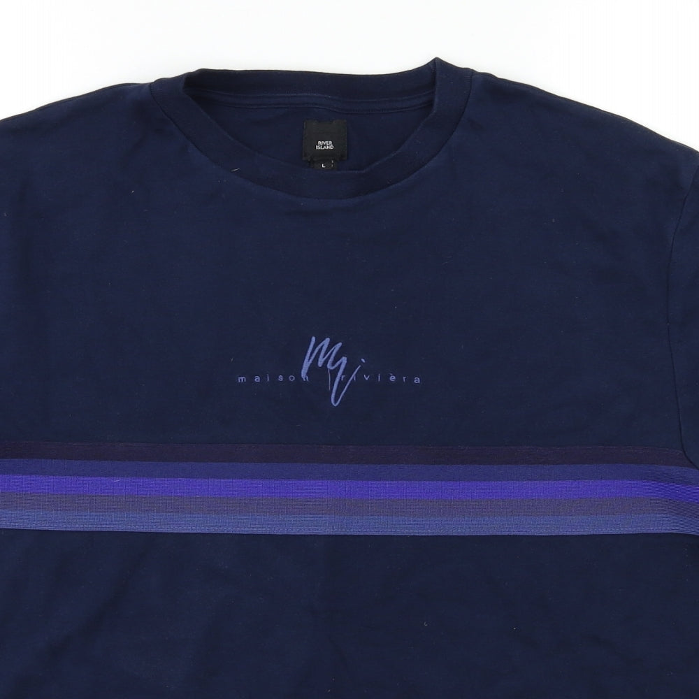 River Island Mens Blue Striped   T-Shirt Size L
