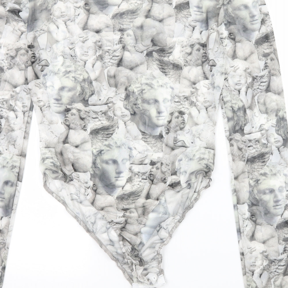 Missguided Womens Grey Geometric Mesh Bodysuit One-Piece Size 10  - Statue print