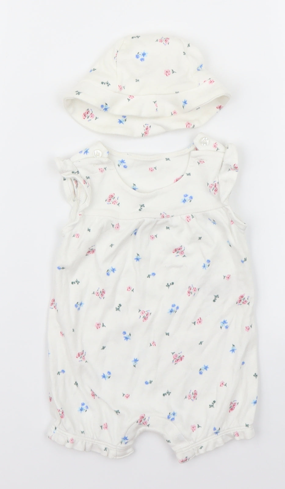 M&S Girls White Floral  Romper One-Piece Size 0-3 Months  - With hat