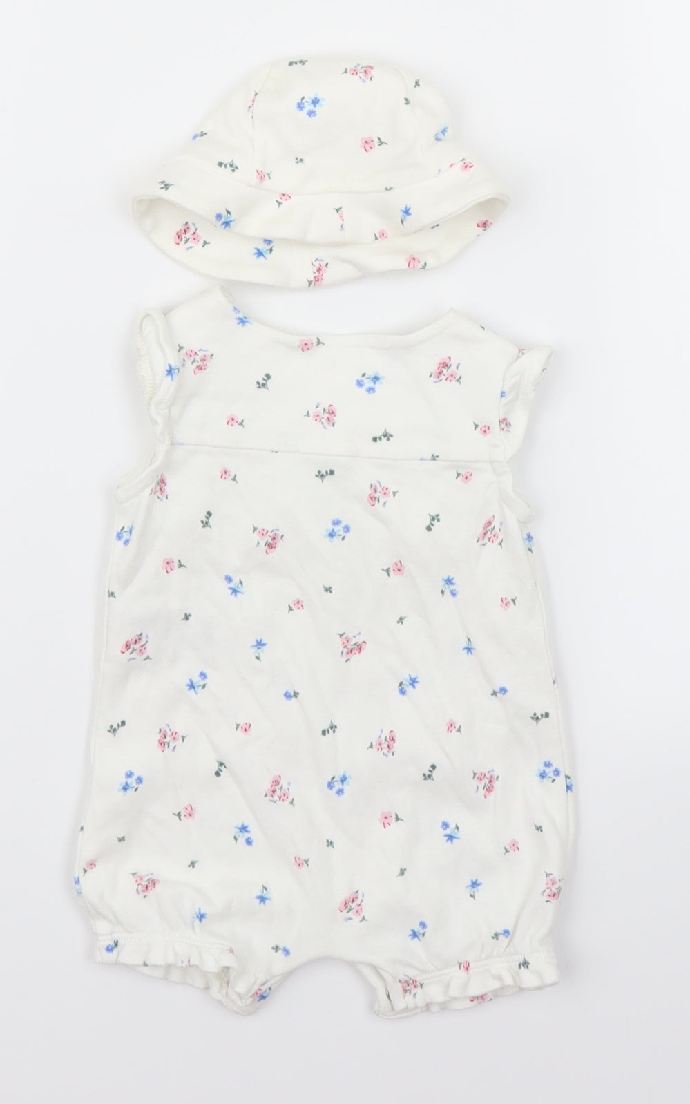 M&S Girls White Floral  Romper One-Piece Size 0-3 Months  - With hat
